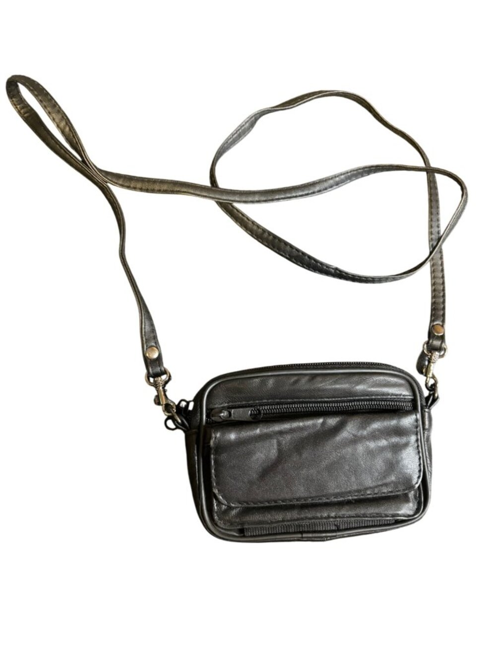 Crossbody Bag Genuine Leather Black Compact Adjustable Strap Compartments